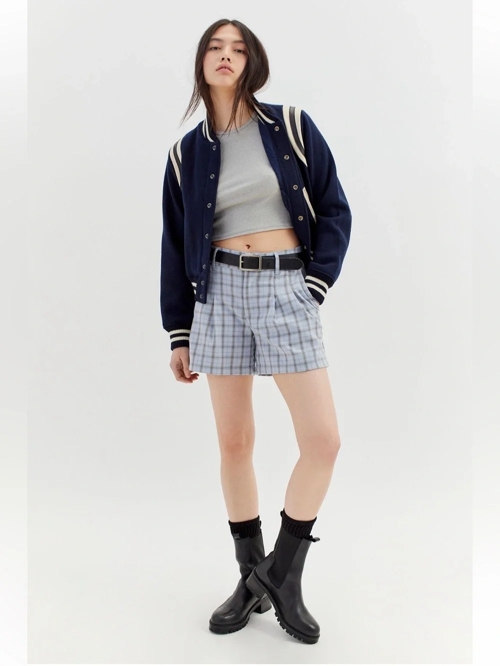 UO Light Blue Plaid High-Waist Shorts